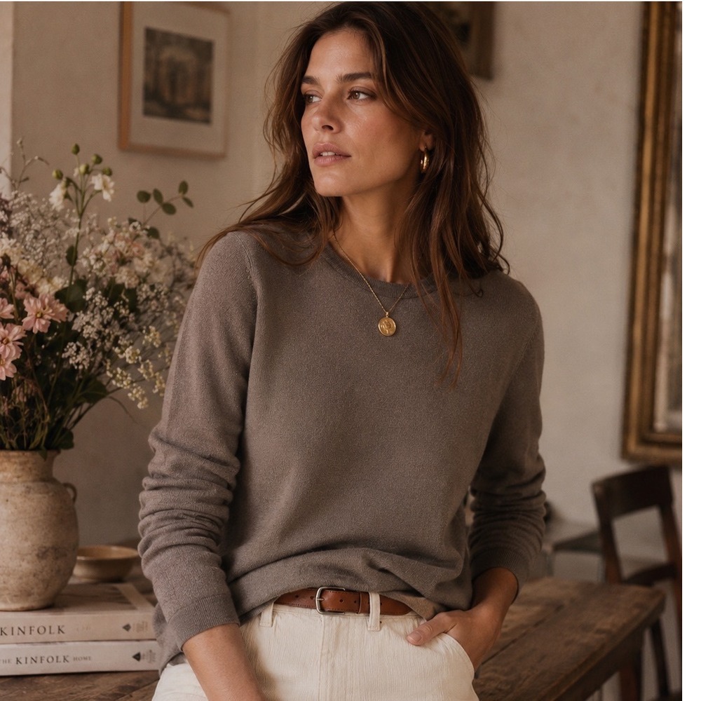 Brown‎ Merino Extrafine Wool Crew Neck Sweater S Luxury Minimalist Fisherman